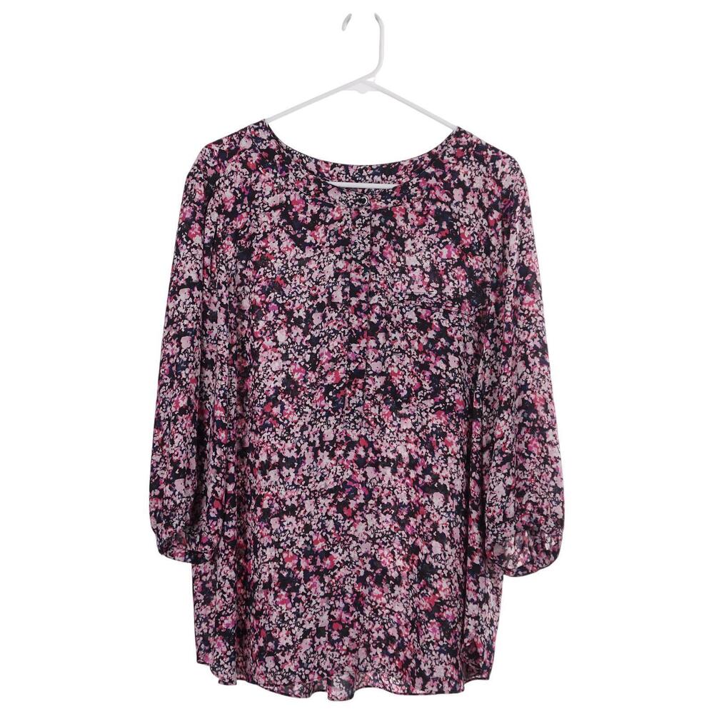 NYDJ Top 1X Floral Print Pullover 3/4 Sleeve Round Neck Casual Blouse